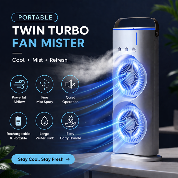 Double Ended Spray Fan – Portable Mini Air Cooler with Mist Spray & USB Rechargeable Cooling Fan